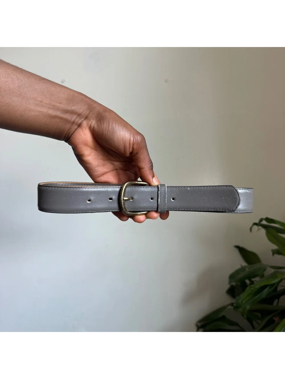 Vintage Gray Leather Belt Gold Brass Buckle Minimalist Classic size 40